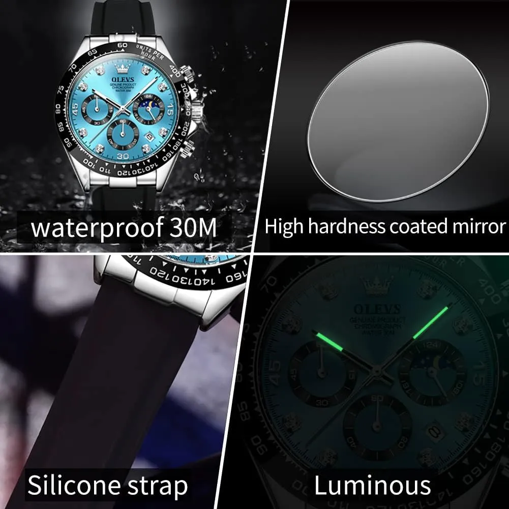 OLEVS Men's Watches Chronograph Multifunction Sport Silicone Luxury Diamond Moon Phase Quartz Male Watch Waterproof Wrist Watch 
