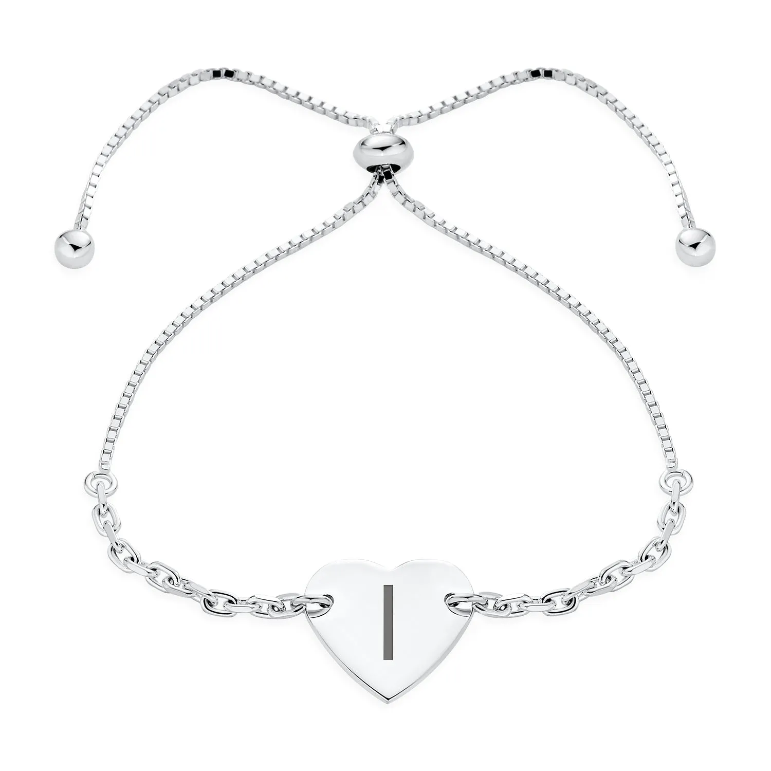 Script or Block Letter A-Z Initial Monogram Heart ID Bracelet Sterling Silver