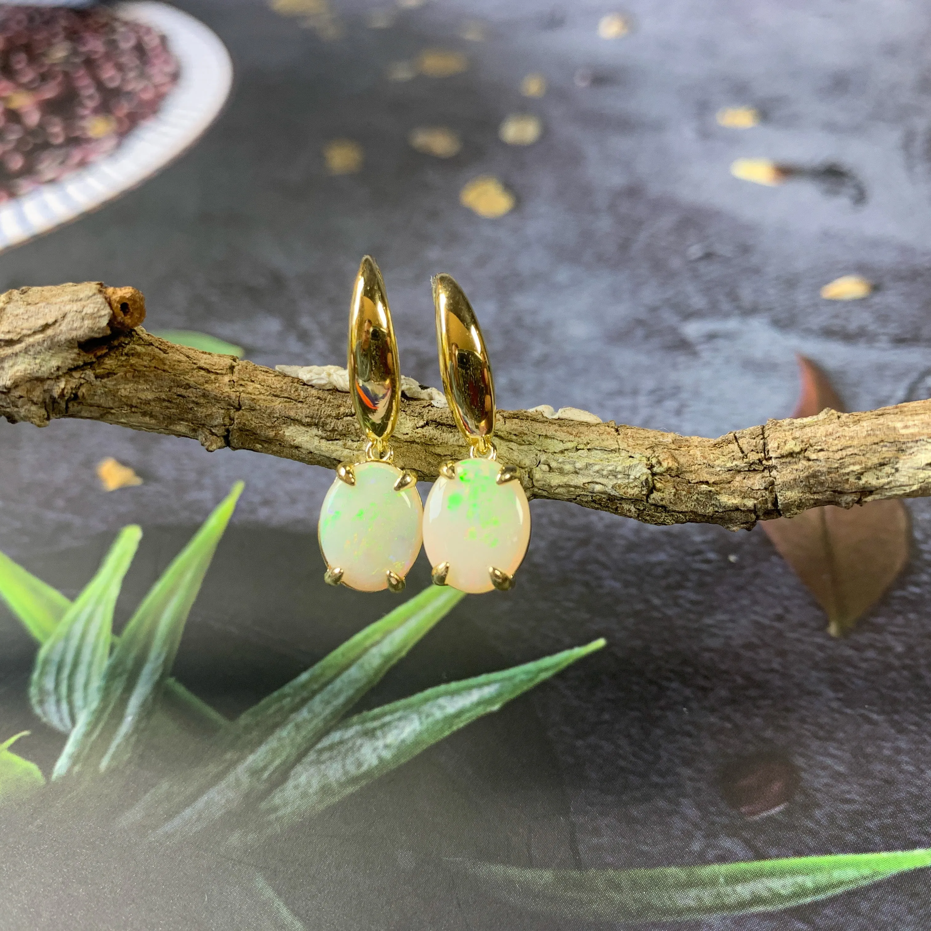 Sterling Silver Gold plated dangling 10x8mm White Opal earrings