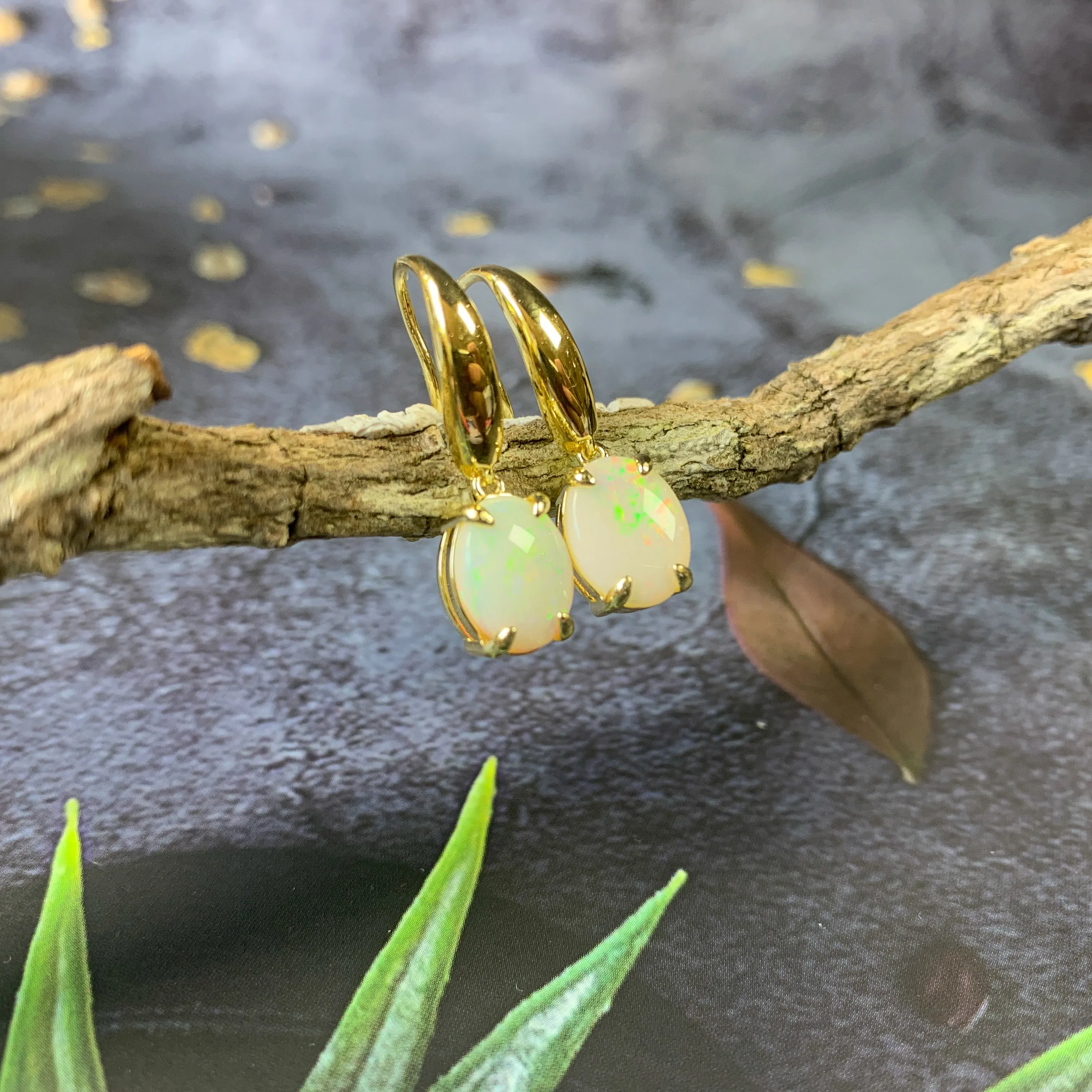 Sterling Silver Gold plated dangling 10x8mm White Opal earrings
