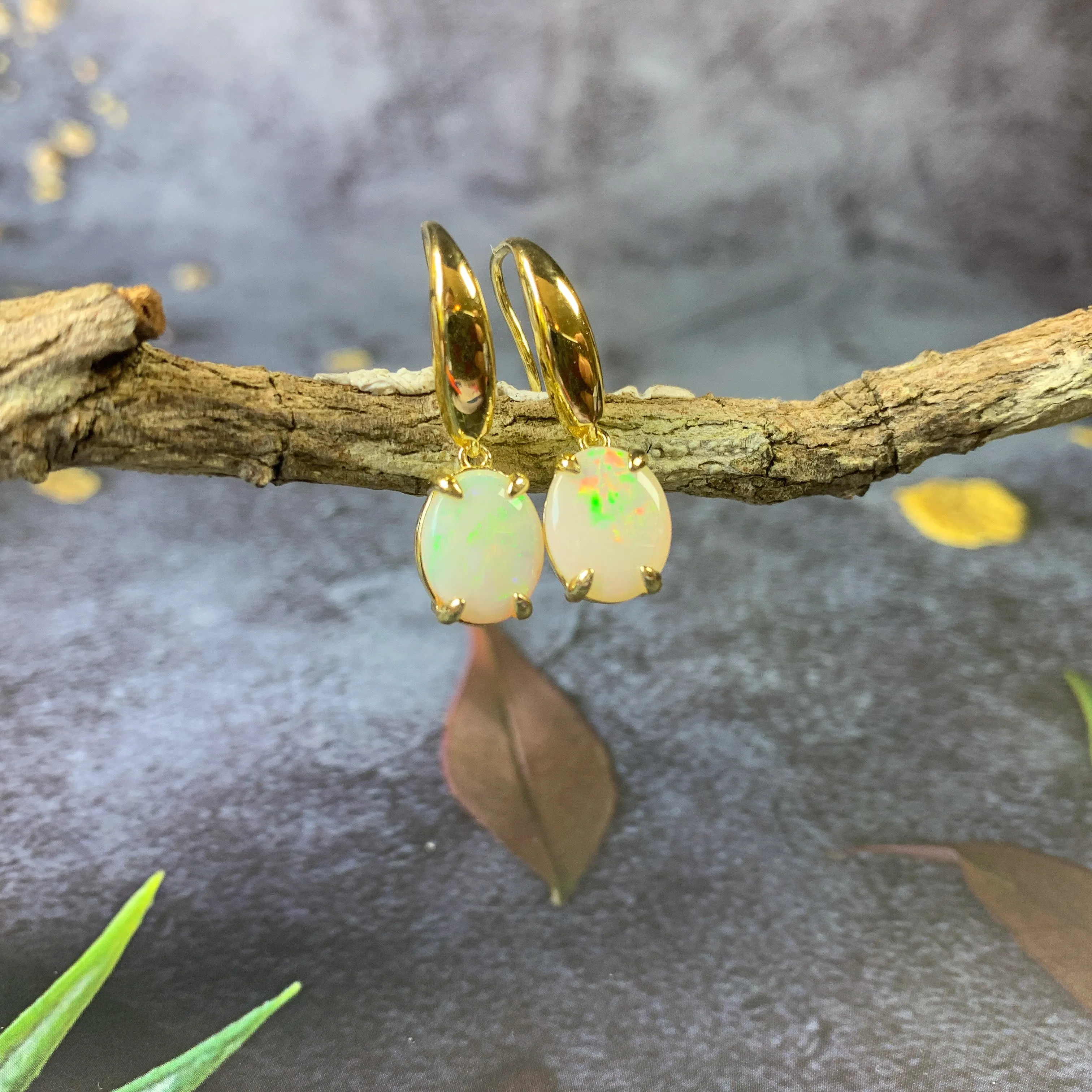 Sterling Silver Gold plated dangling 10x8mm White Opal earrings