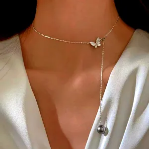 Sterling Silver Luxury Butterfly Pearl Tassel Necklaces