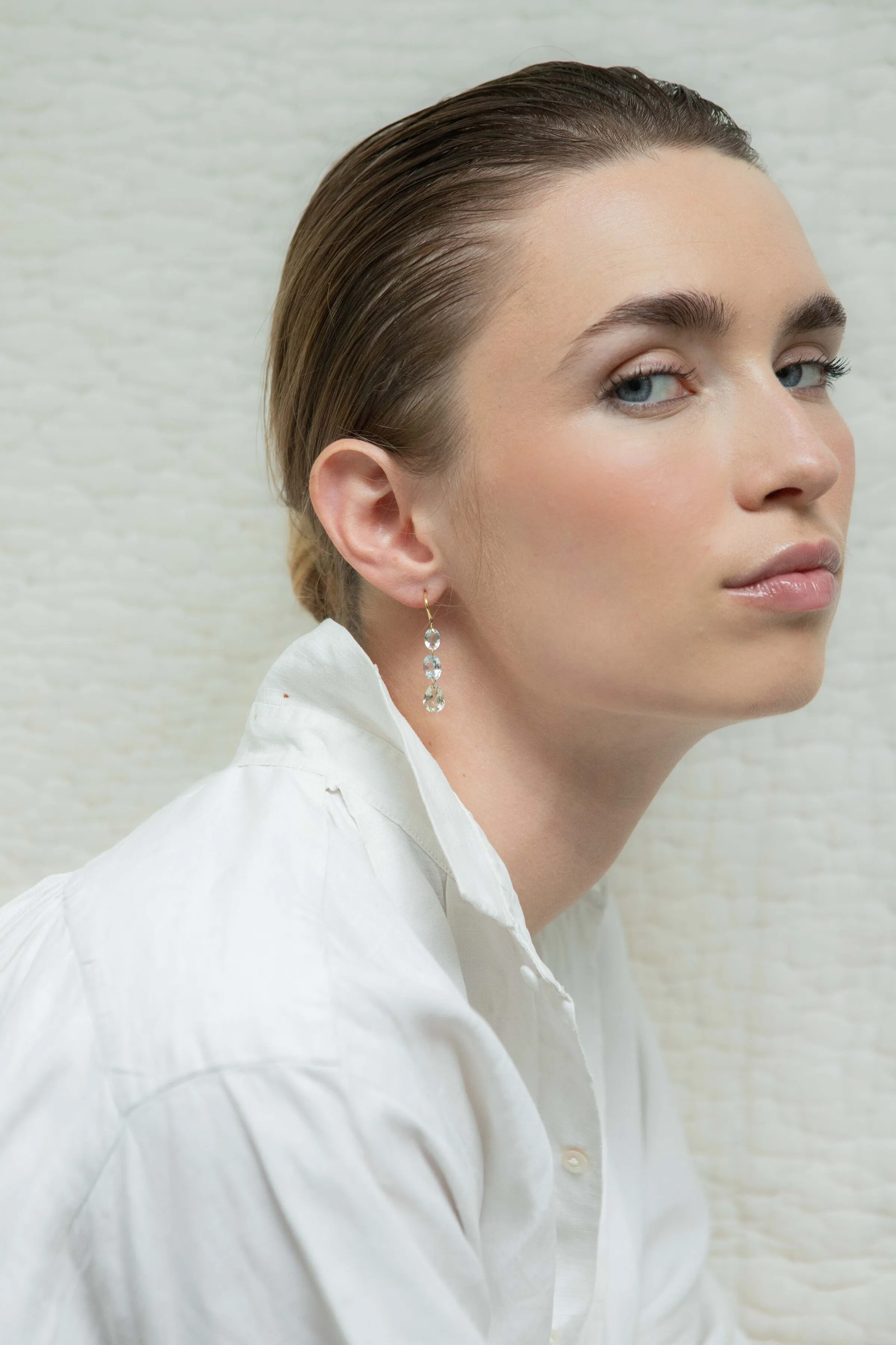Triple Drop Gem Earrings - Green Amethyst   Aquamarine