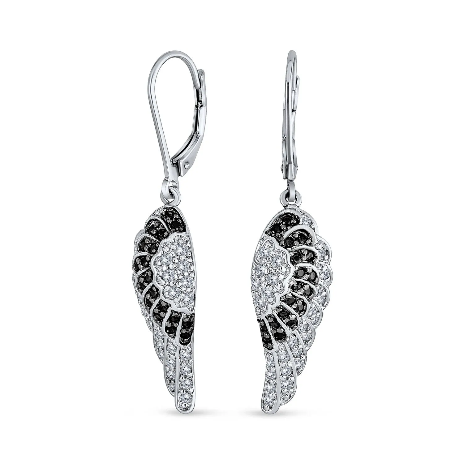 Two Tone Dangle Chandelier Earrings with Angel Wing Feather and Cubic Zirconia